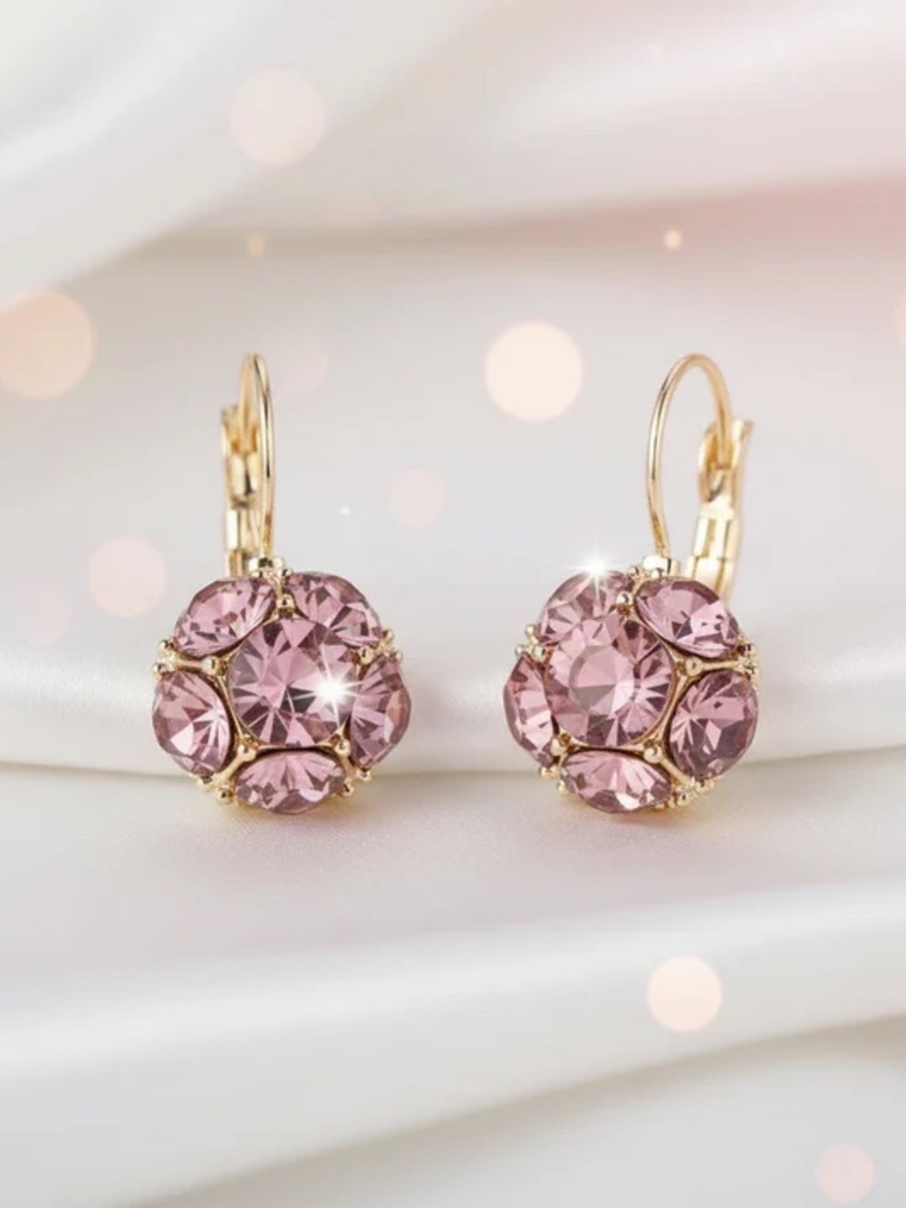 Gold Leverback Earrings with Pink Crystal Clusters